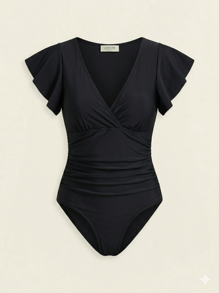 Maillot de bain une pièce femme à col V croisé et manches volantées
