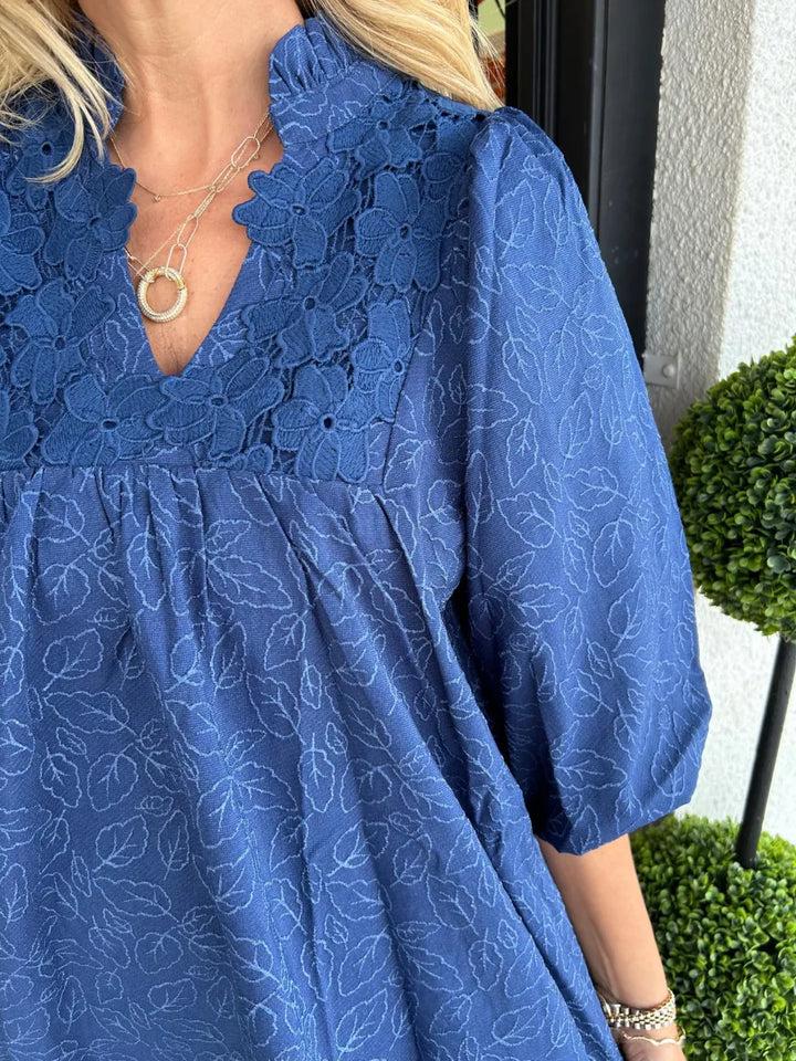 Robe Courte Femme Jacquard Col V Manches Bouffantes pour Style Élégant Chic