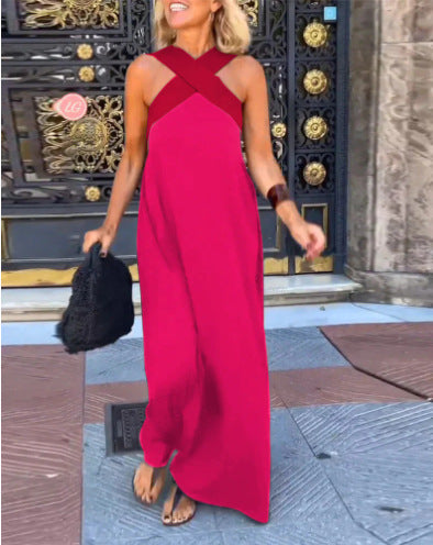 Combinaison femme longue à col croisé et jambes larges fluide