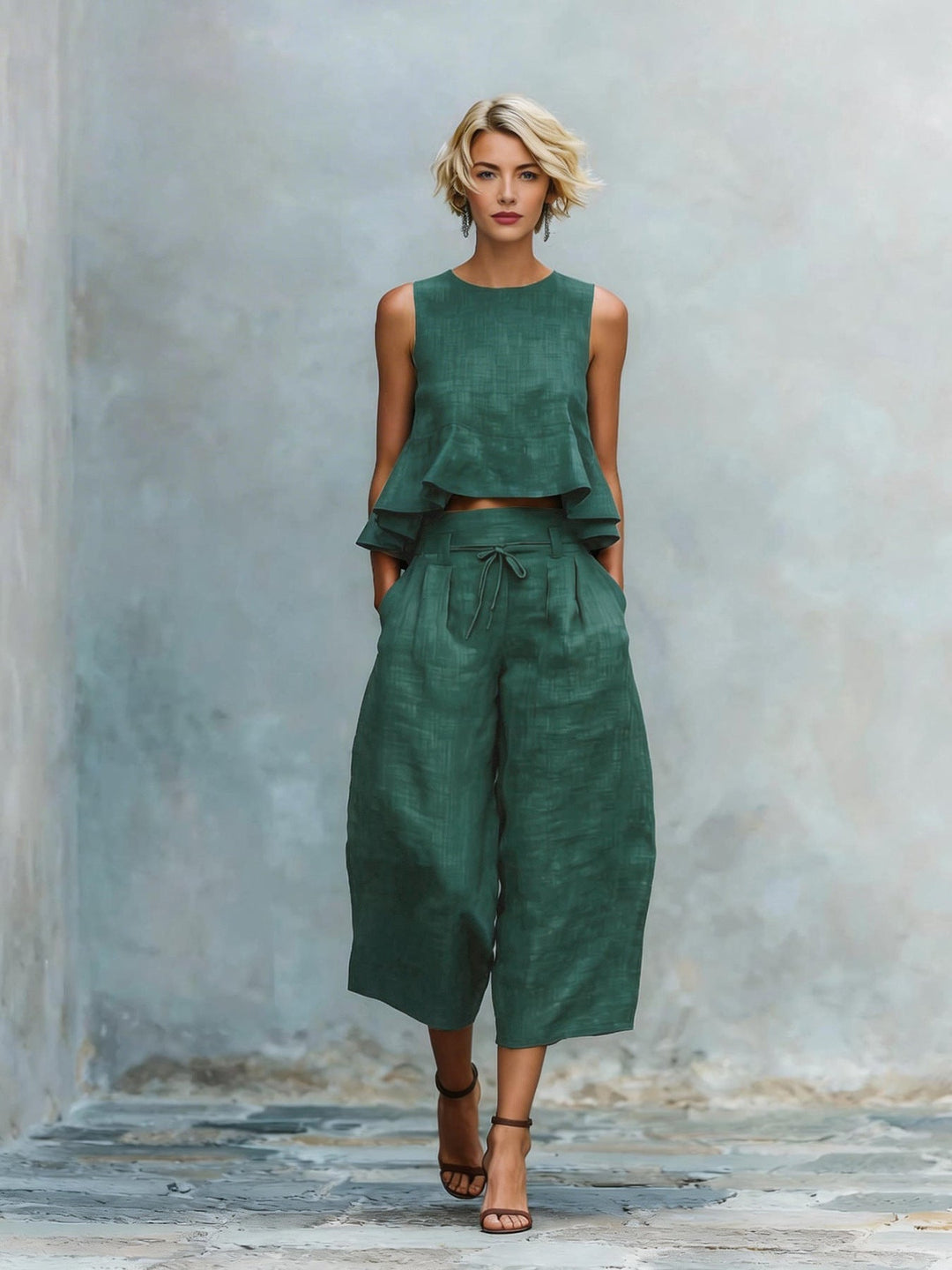 Ensemble femme deux pièces avec haut volanté et pantalon large
