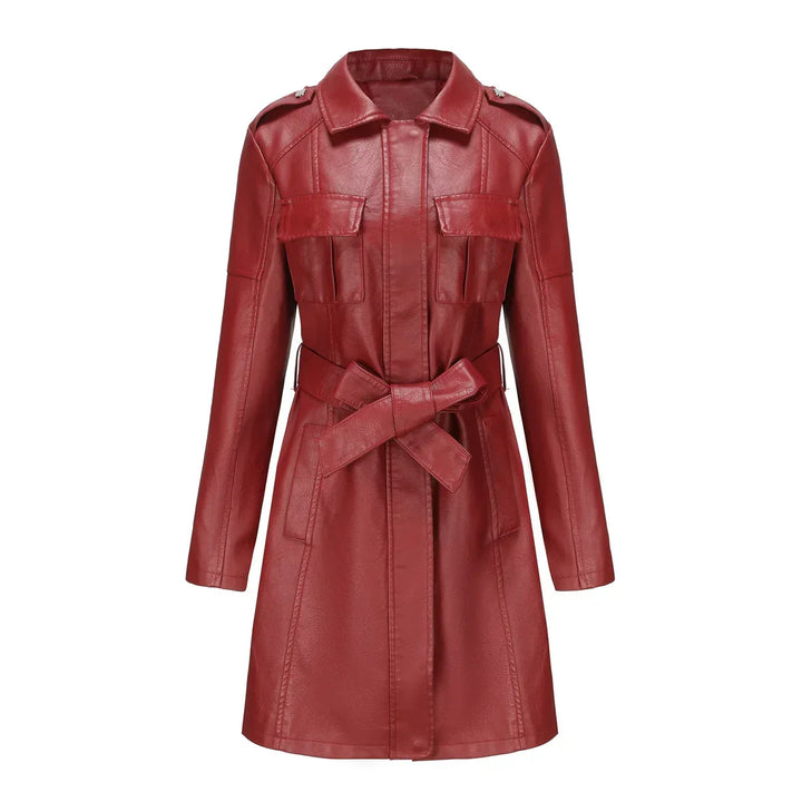 Manteau long femme effet cuir synthétique coupe ajustée avec poches mi-saison