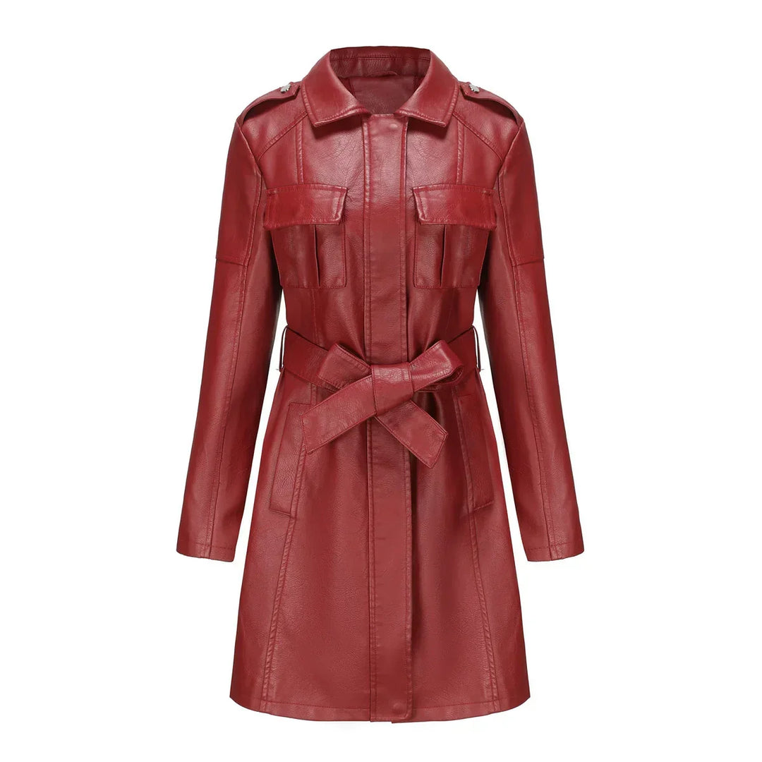 Manteau Long Femme Effet Cuir PU Coupe Élégante Avec Poches Urbaines