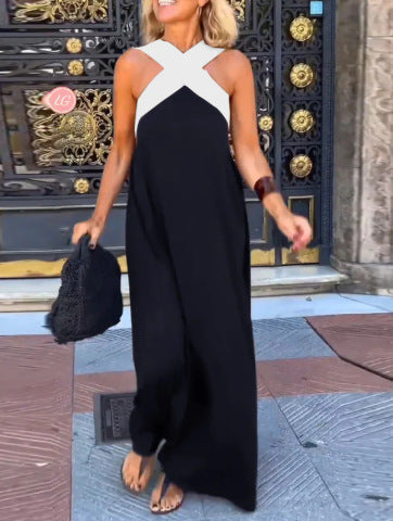 Combinaison femme longue à col croisé et jambes larges fluide