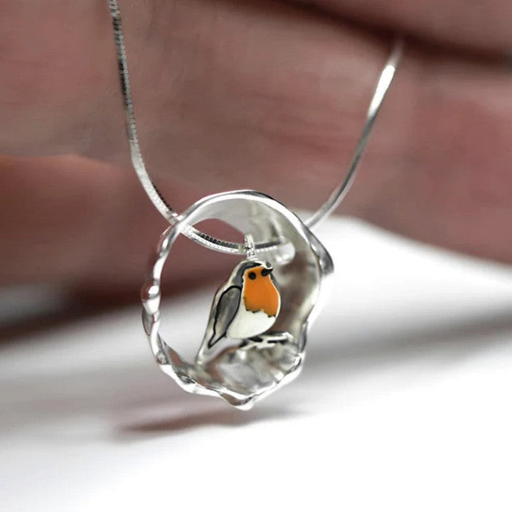 Collier femme argenté avec pendentif rouge-gorge