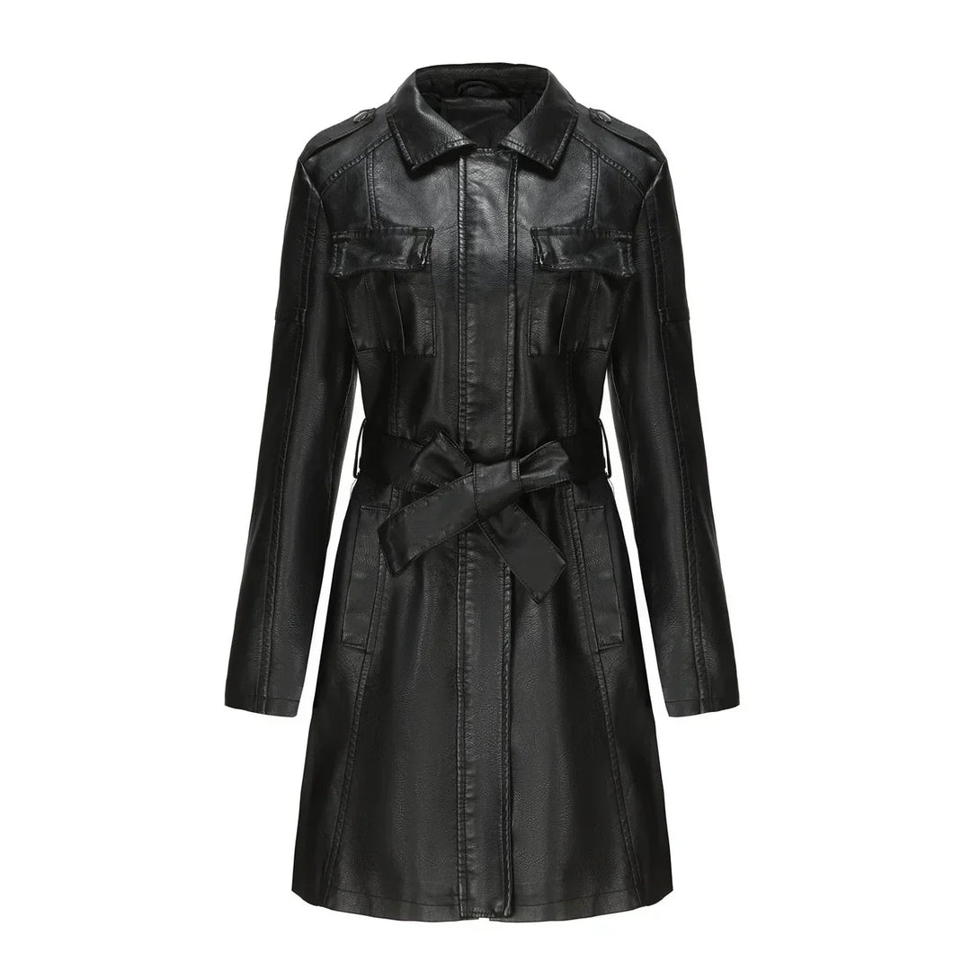 Manteau long femme effet cuir synthétique coupe ajustée avec poches mi-saison