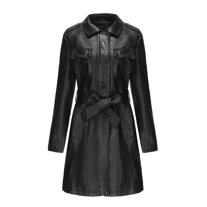 Manteau Long Femme Effet Cuir PU Coupe Élégante Avec Poches Urbaines