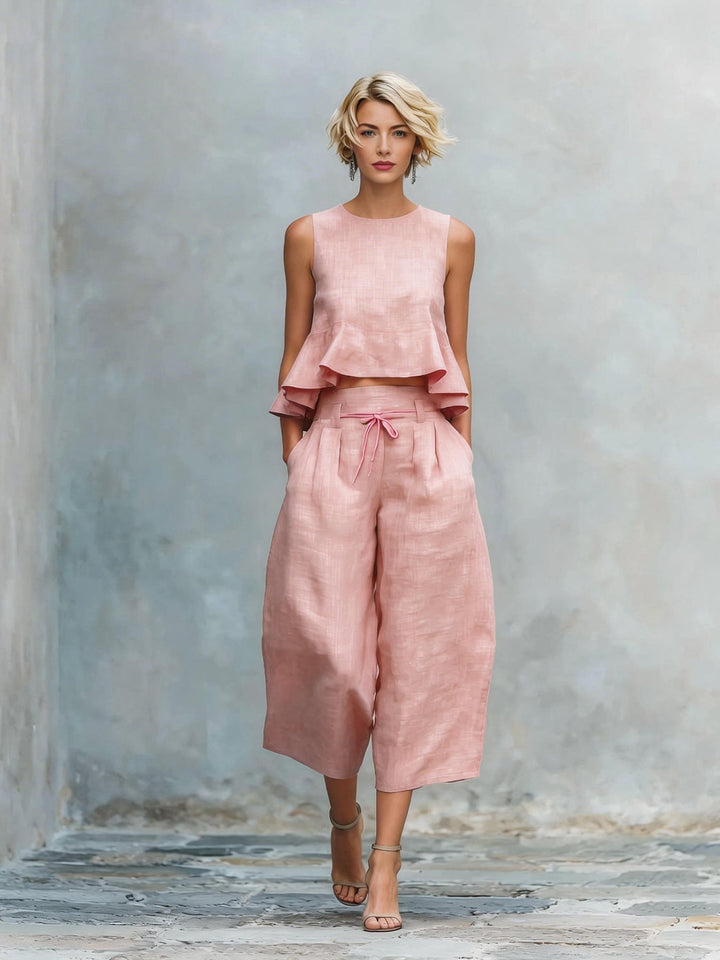 Ensemble femme deux pièces avec haut volanté et pantalon large