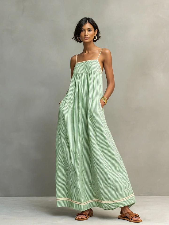 Robe longue femme à fines rayures avec bretelles spaghetti