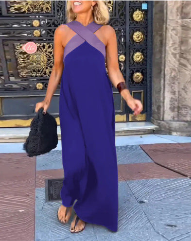 Combinaison femme longue à col croisé et jambes larges fluide