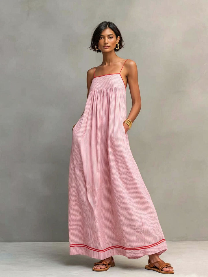 Robe longue femme à fines rayures avec bretelles spaghetti