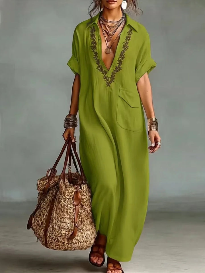 Robe kaftan femme brodée à col V et coupe ample