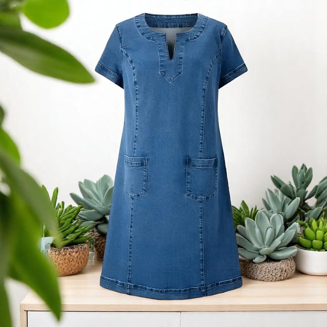Robe Denim Femme Col V Poches Avant Manches Courtes