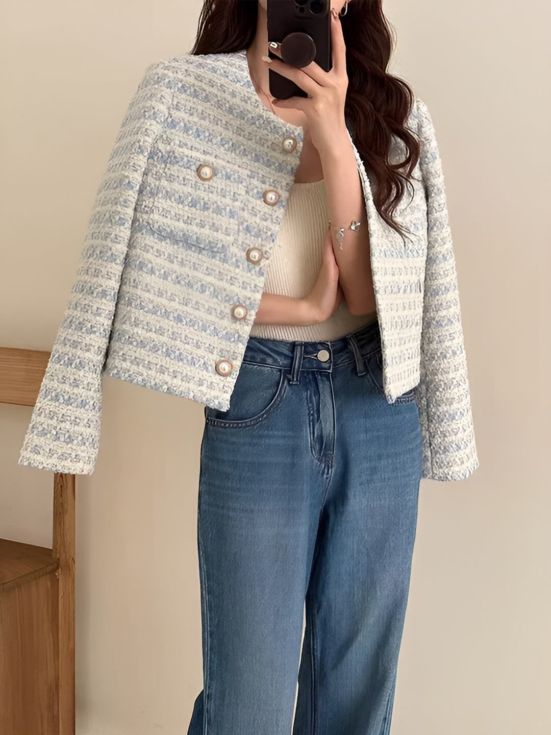 Blazer Femme Courte Coupe Structurée Tissu Texturé Style Élégant Quotidien