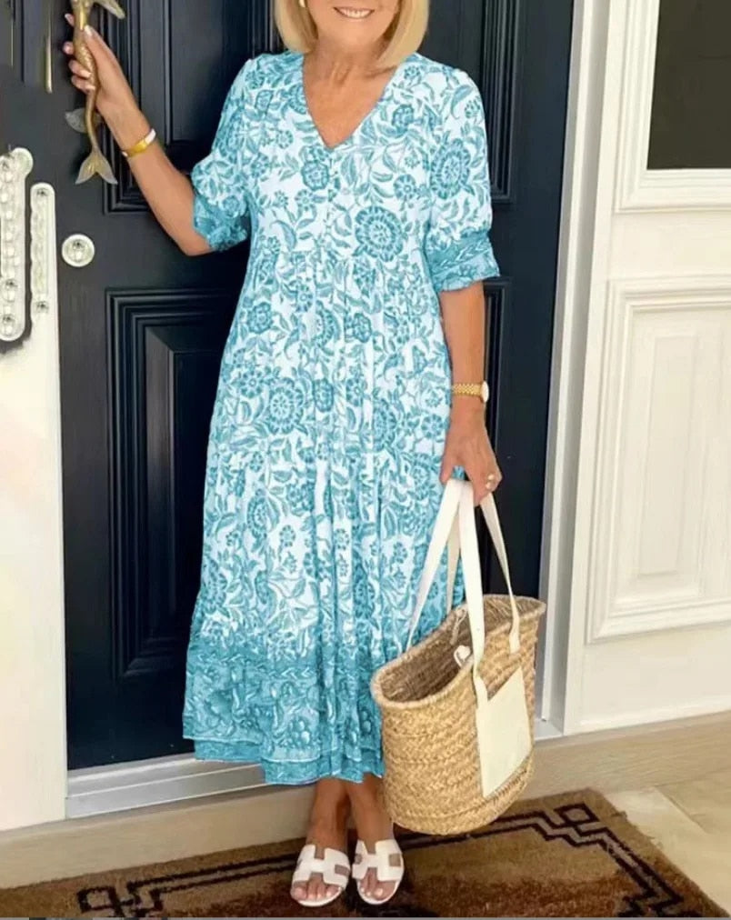 Robe Femme Florale Fluide Col V Manches Courtes pour Style Élégant et Confort Estival