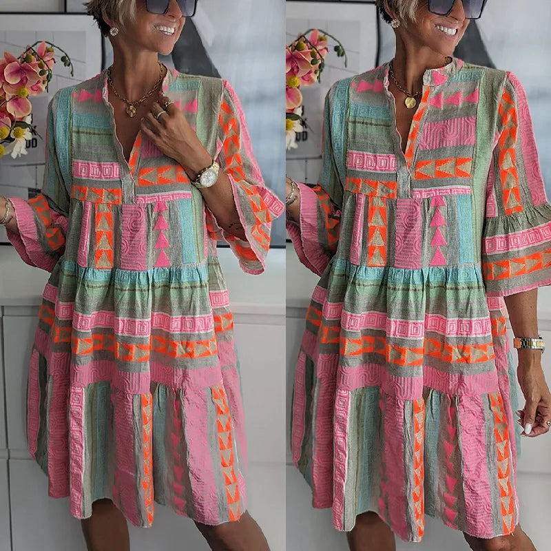 Robe Courte Femme Imprimée Bohème Manches Volantes pour Style Chic Printemps