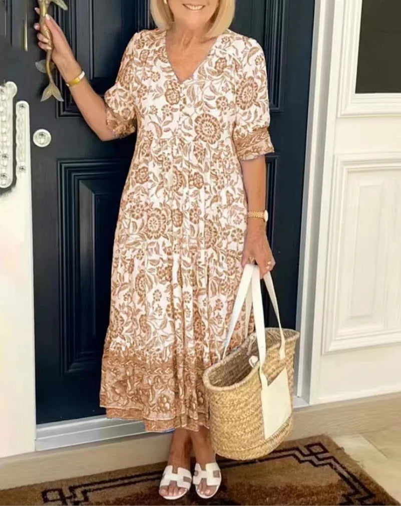Robe Femme Florale Fluide Col V Manches Courtes pour Style Élégant et Confort Estival