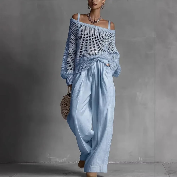 Ensemble femme deux pièces avec pull ajouré et pantalon large