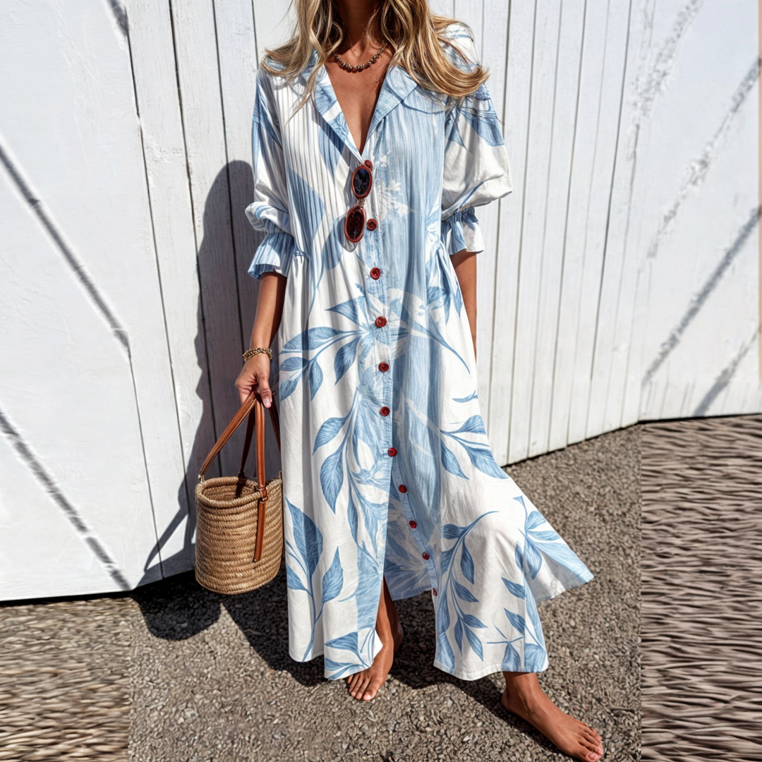 Robe longue femme fluide imprimé floral col V manches longues – bohème été