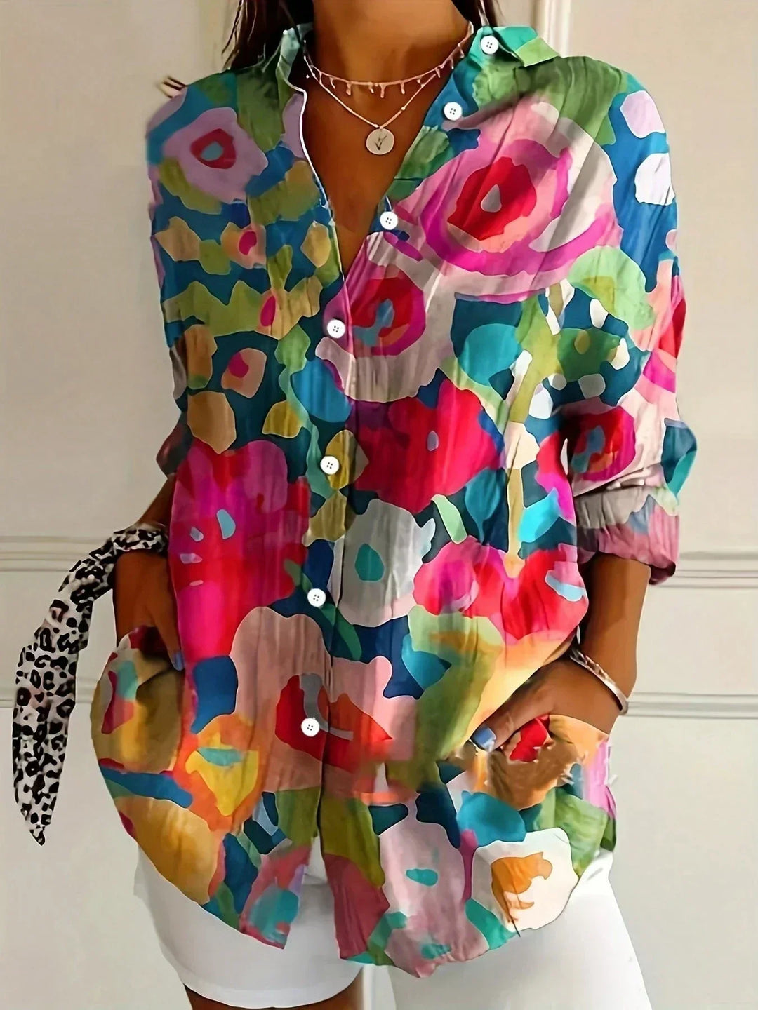 Blouse Femme Imprimée Colorée Coupe Fluide Boutonnée Style Décontracté