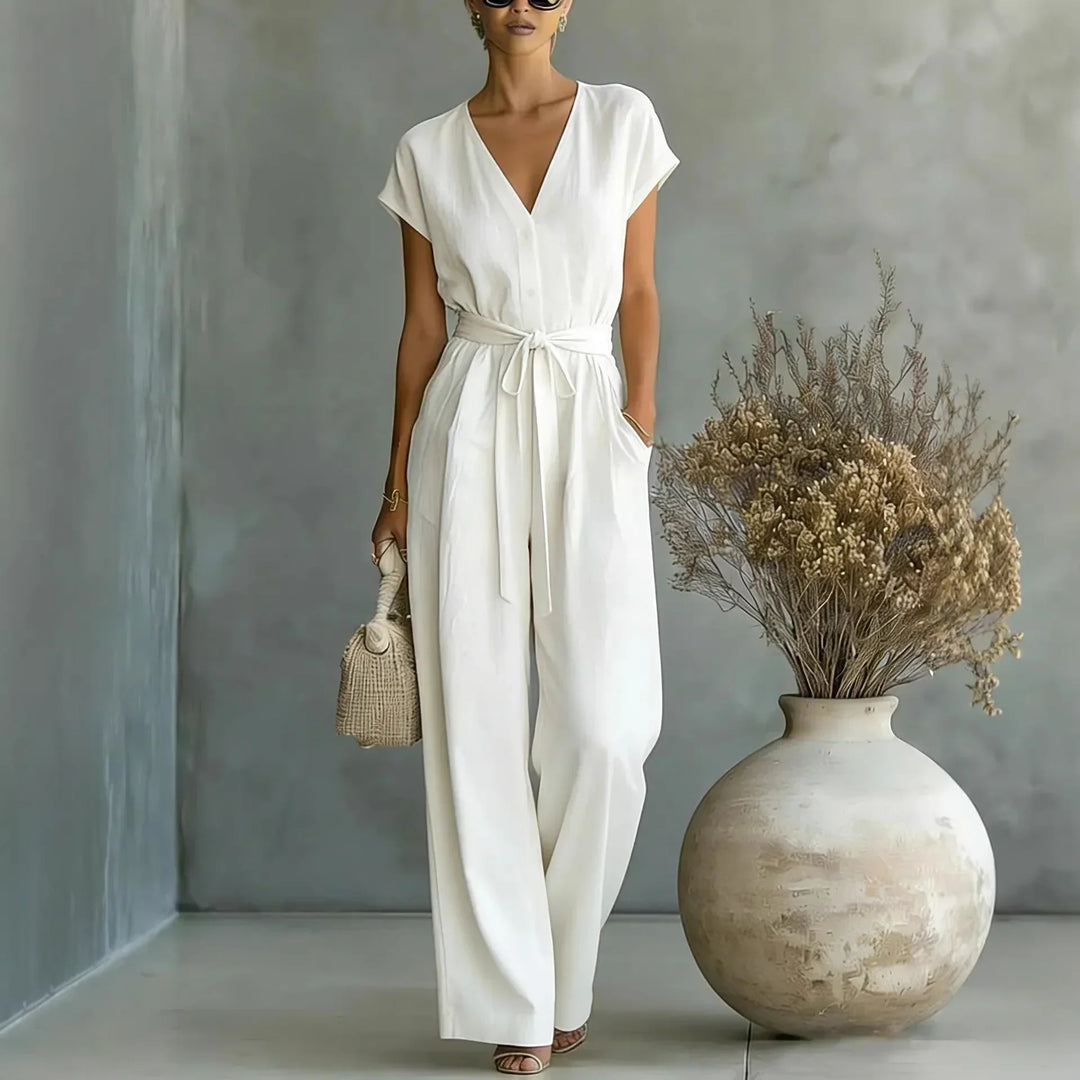 Combinaison femme à col V avec ceinture et pantalon large