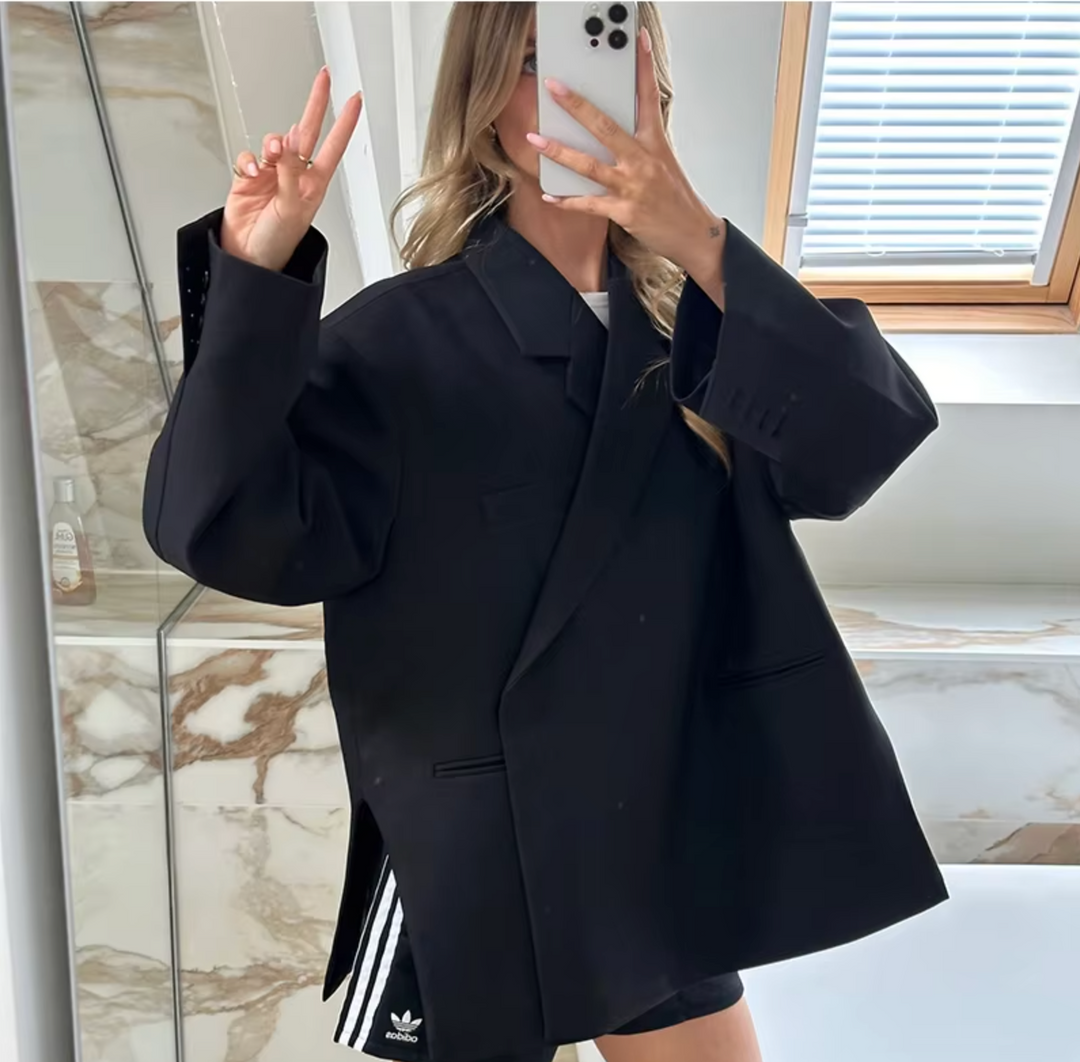 Blazer femme oversize manches longues coupe structurée fermeture boutonnée bureau