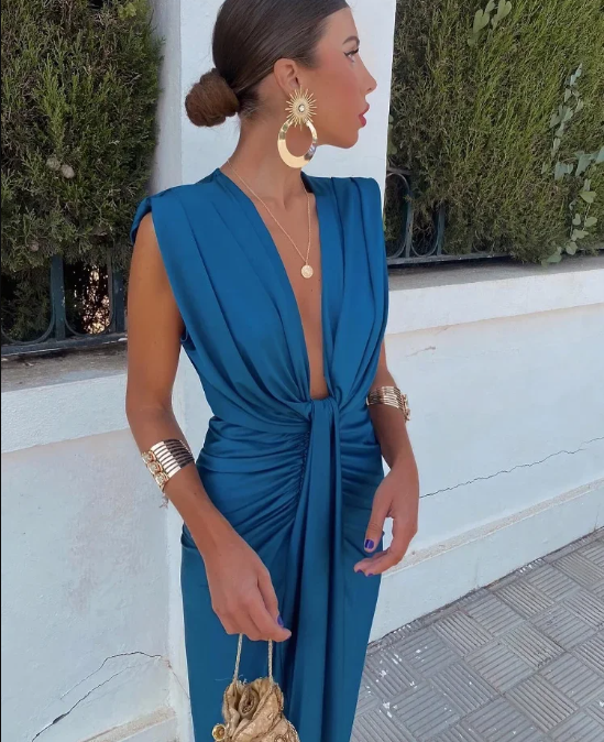 Robe longue femme élégante drapée col V sans manches fente soirée chic