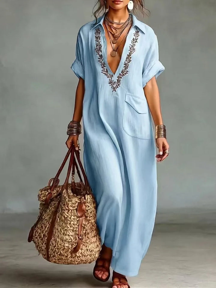 Robe kaftan femme brodée à col V et coupe ample