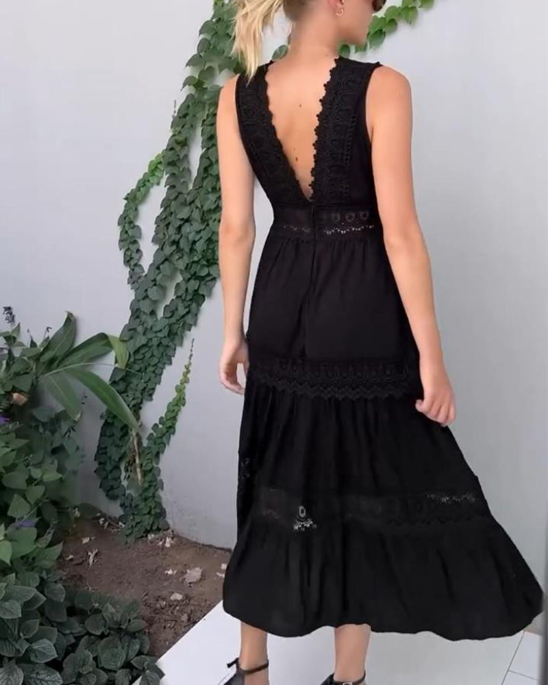Robe Midi Femme Dentelle Col V Coupe Fluide Sans Manches Style Estival