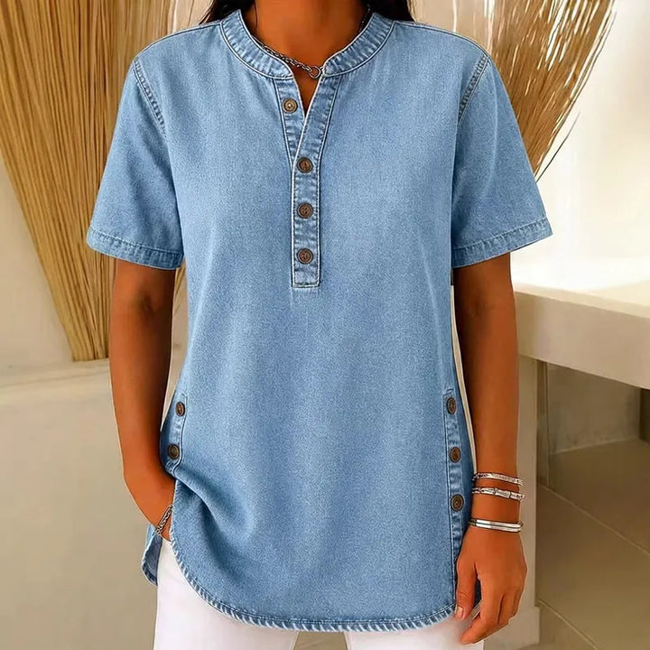 Tunique femme en denim léger à manches courtes et boutons décoratifs