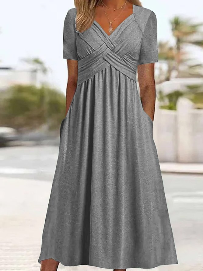 Robe longue femme col V fluide manches courtes avec poches été élégante