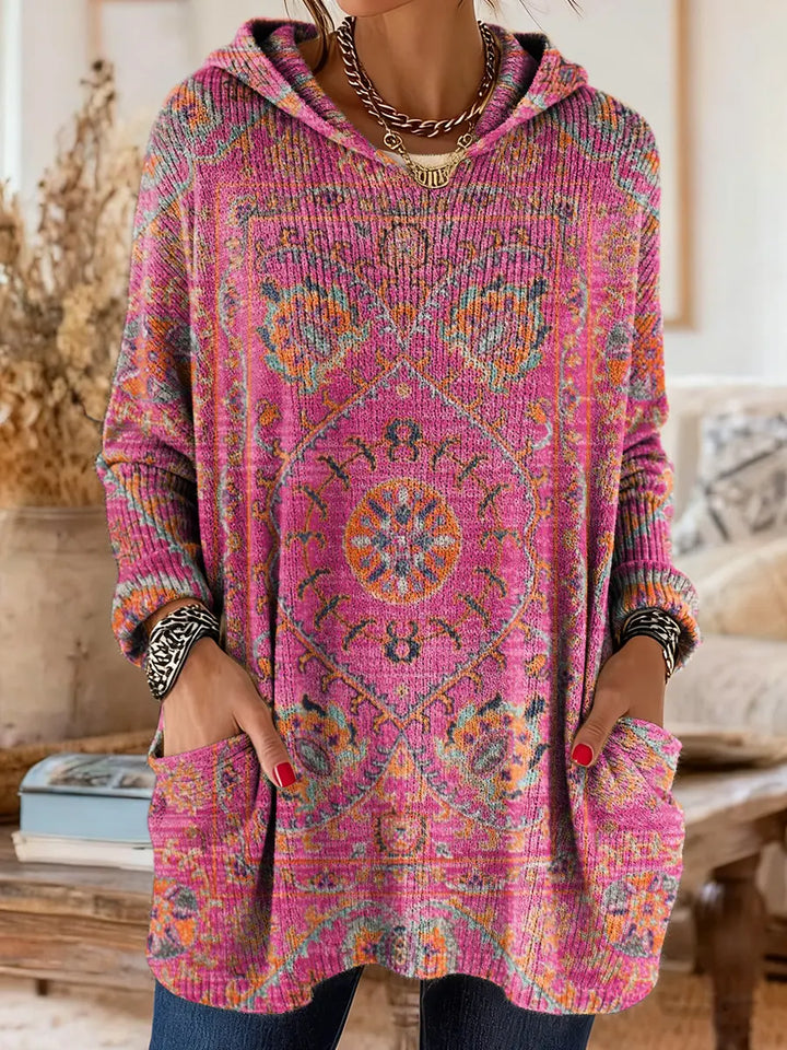 Tunique Femme Tricot à Capuche Style Rétro Ample Confortable Avec Poches