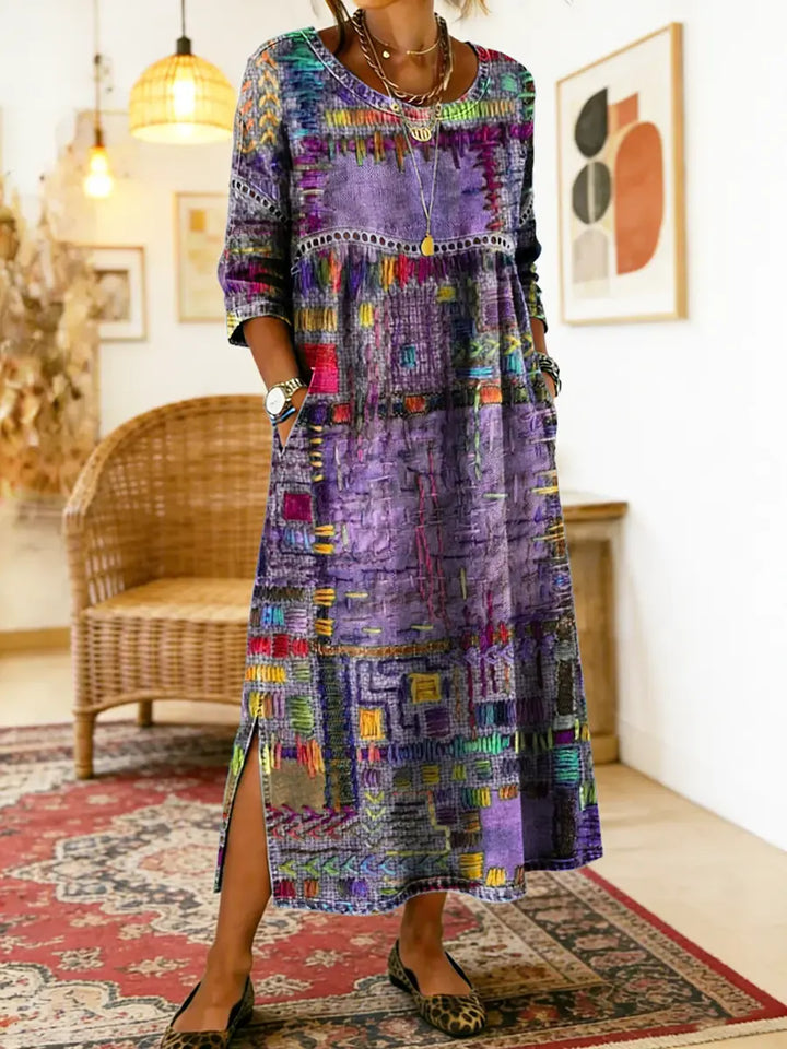 Robe Femme Denim Fluide Patchwork Ethnique pour Style Bohème et Élégant Quotidien
