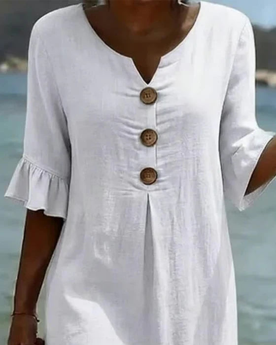 Robe Femme Coton Lin Boutonnée Manches Volantées Style Estival