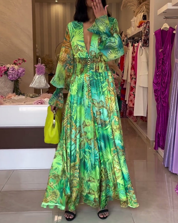 Robe femme longue imprimée fluide taille empire col V élégante bohème