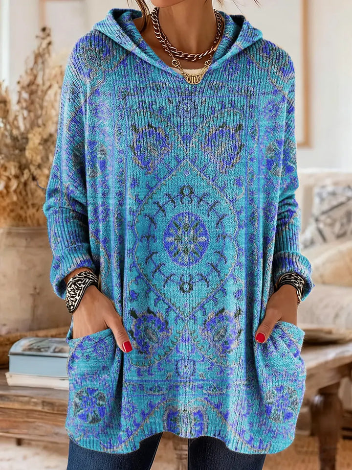 Tunique Femme Tricot à Capuche Style Rétro Ample Confortable Avec Poches