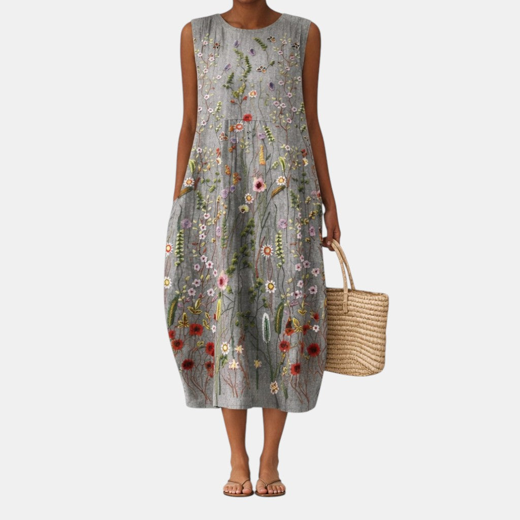 Robe midi femme brodée florale sans manches avec poches