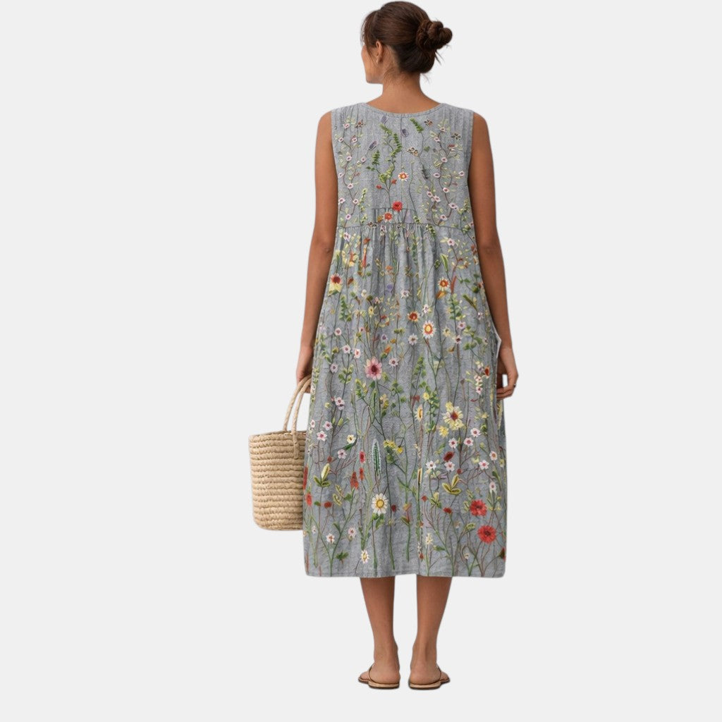 Robe midi femme brodée florale sans manches avec poches