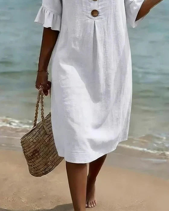 Robe Femme Coton Lin Boutonnée Manches Volantées Style Estival