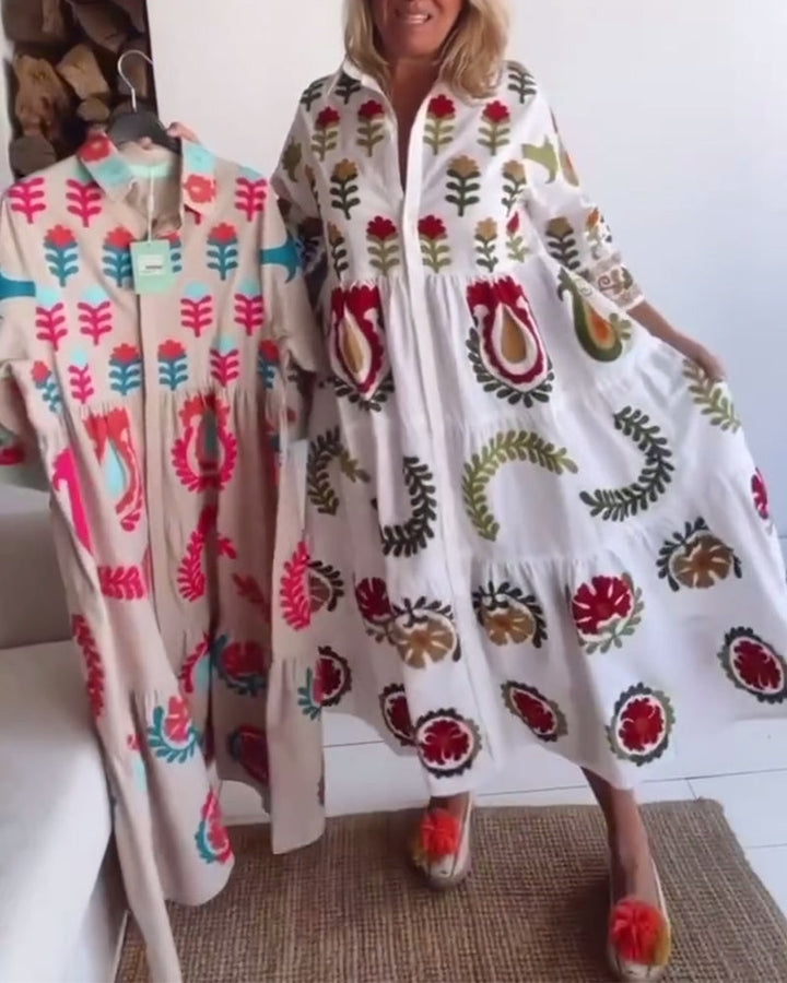 Robe femme midi imprimé floral graphique à col revers – style fluide été