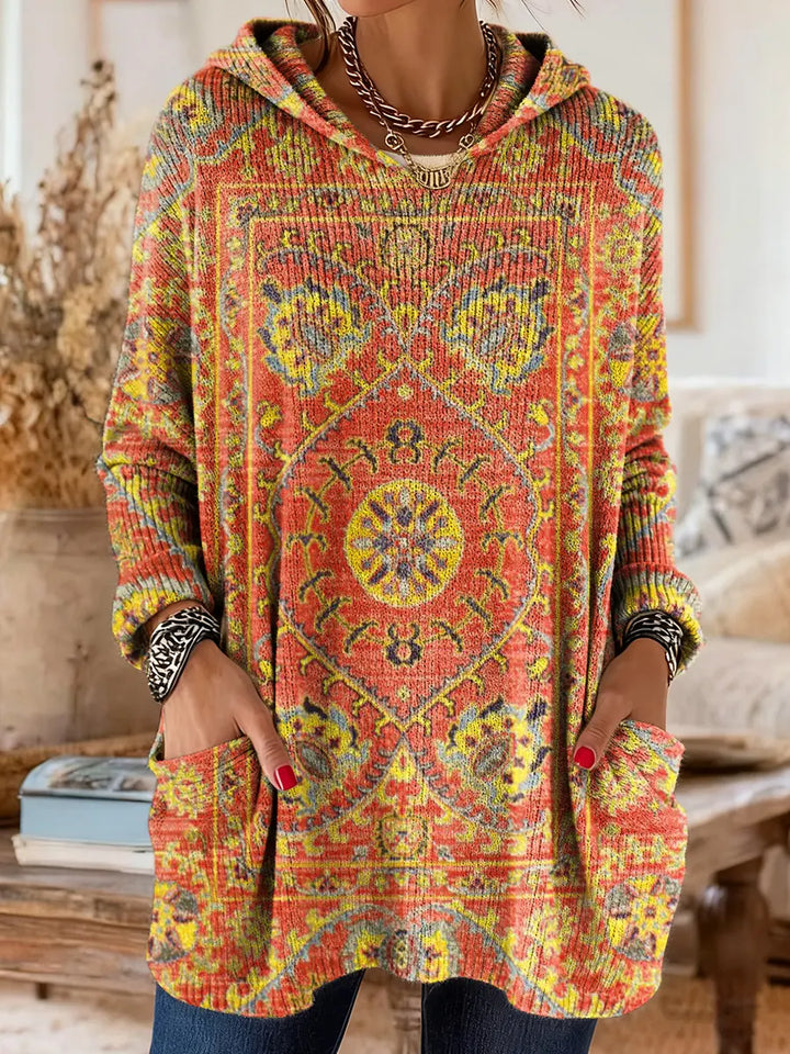 Tunique Femme Tricot à Capuche Style Rétro Ample Confortable Avec Poches