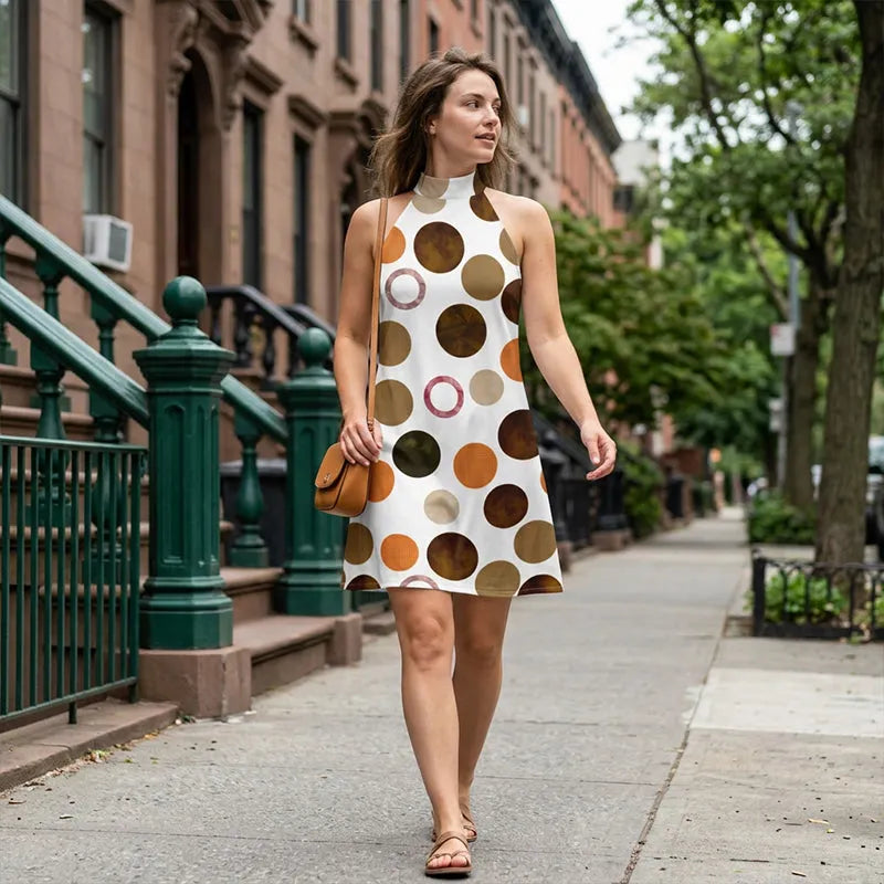 Robe courte femme à pois graphiques et col halter