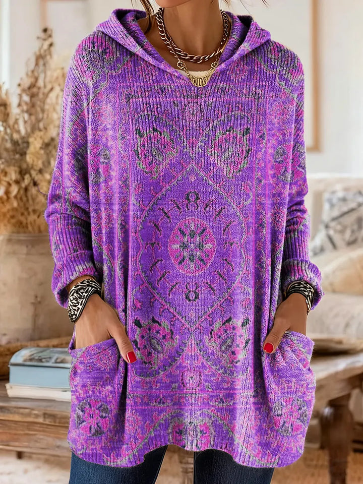 Tunique Femme Tricot à Capuche Style Rétro Ample Confortable Avec Poches