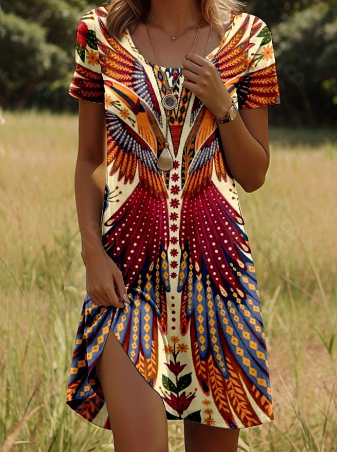 Robe femme manches courtes à col rond imprimé ethnique – style été fluide