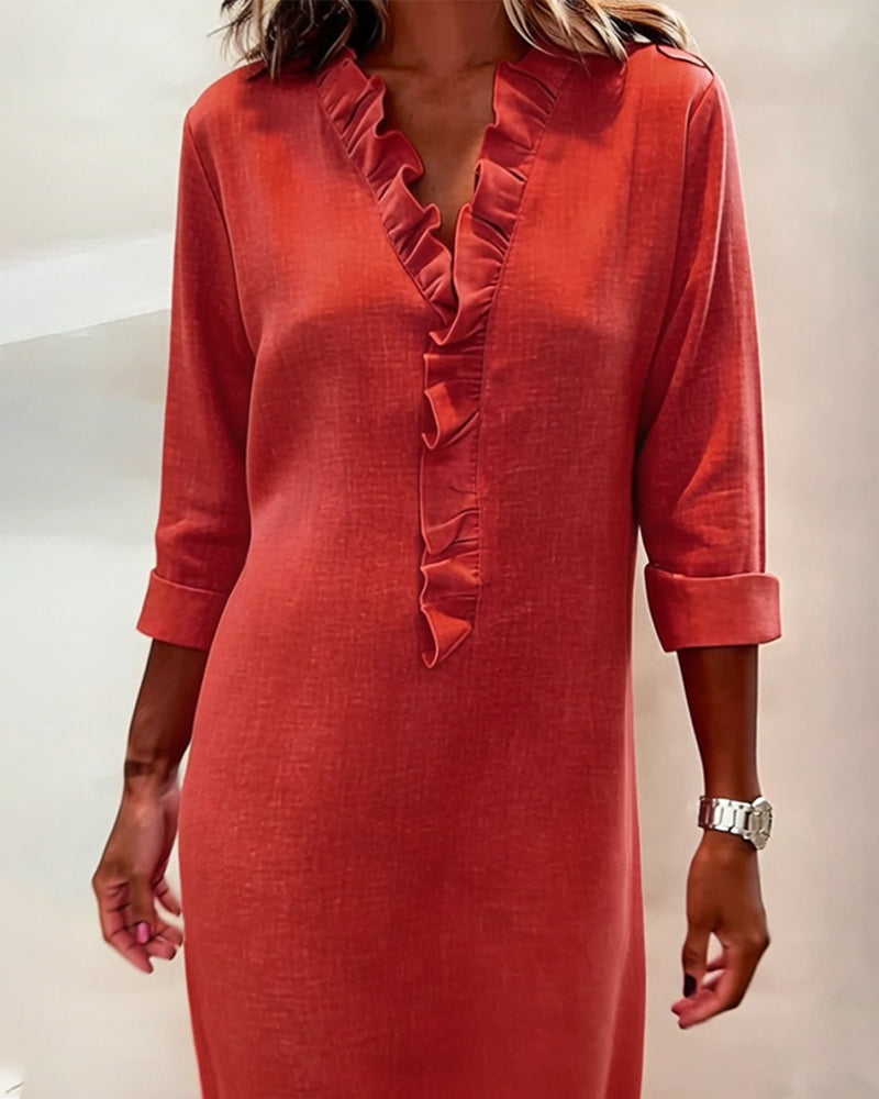 Robe Femme Col V Volants Coupe Droite Chic Décontractée