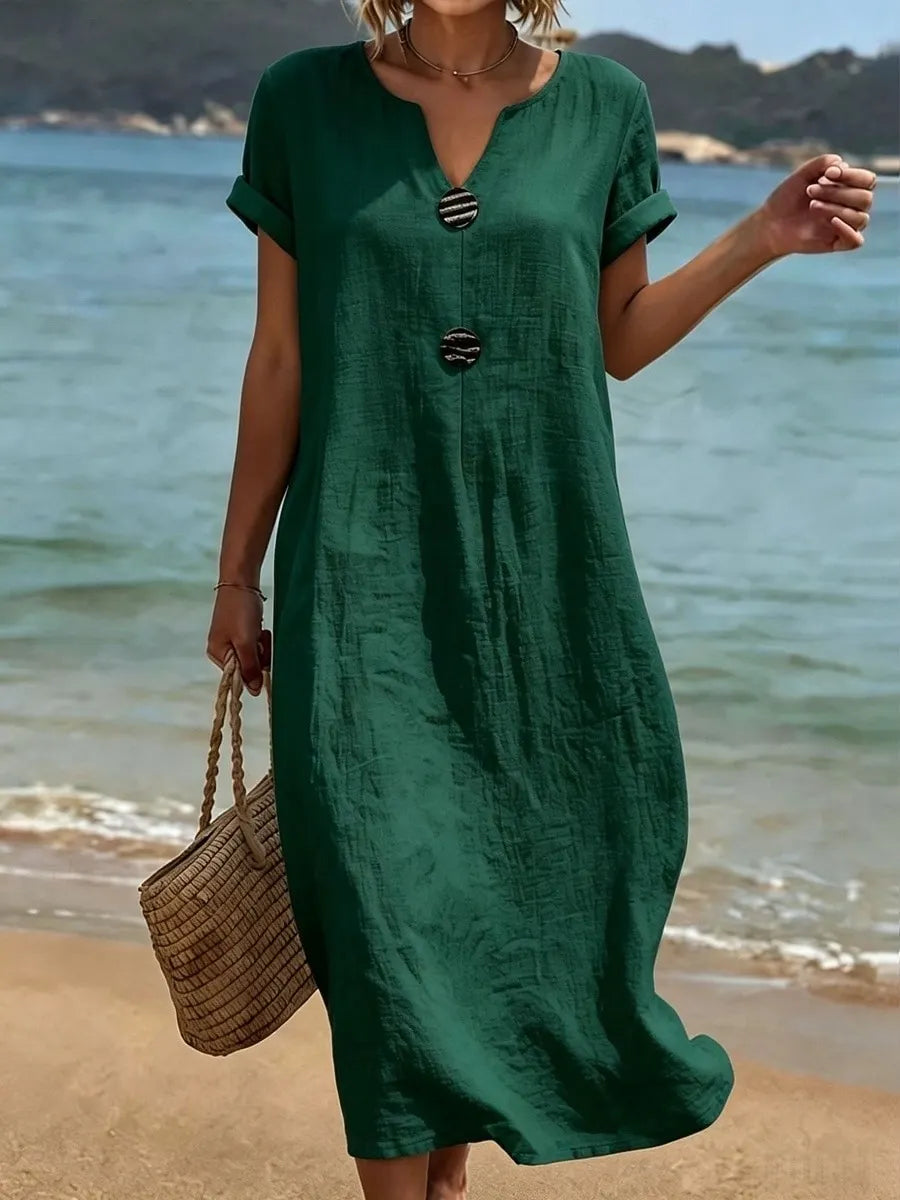 Robe longue femme ample à col fendu et boutons décoratifs