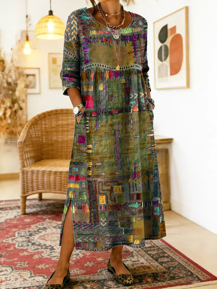 Robe Femme Denim Fluide Patchwork Ethnique pour Style Bohème et Élégant Quotidien