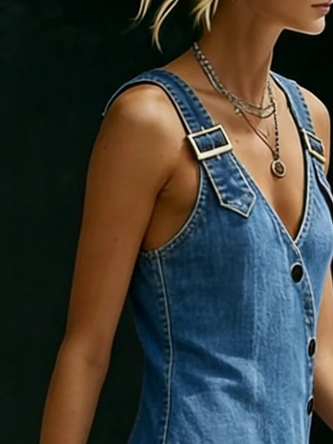 Robe longue femme en denim avec boutons asymétriques et bretelles à boucle