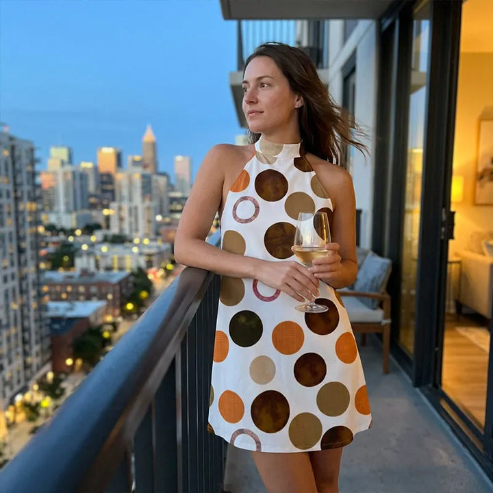 Robe courte femme à pois graphiques et col halter