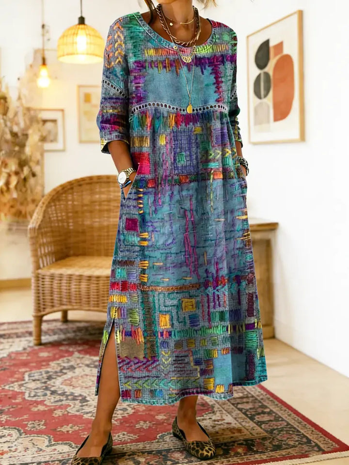 Robe Femme Denim Fluide Patchwork Ethnique pour Style Bohème et Élégant Quotidien