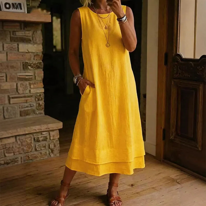 Robe midi femme sans manches à volant et coupe A-line